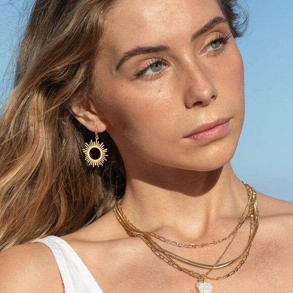 18K Gold Dangle Drop Earrings Small Round Disc Dangle Sun Hoop Earrings for Wome - Picture 2 of 7